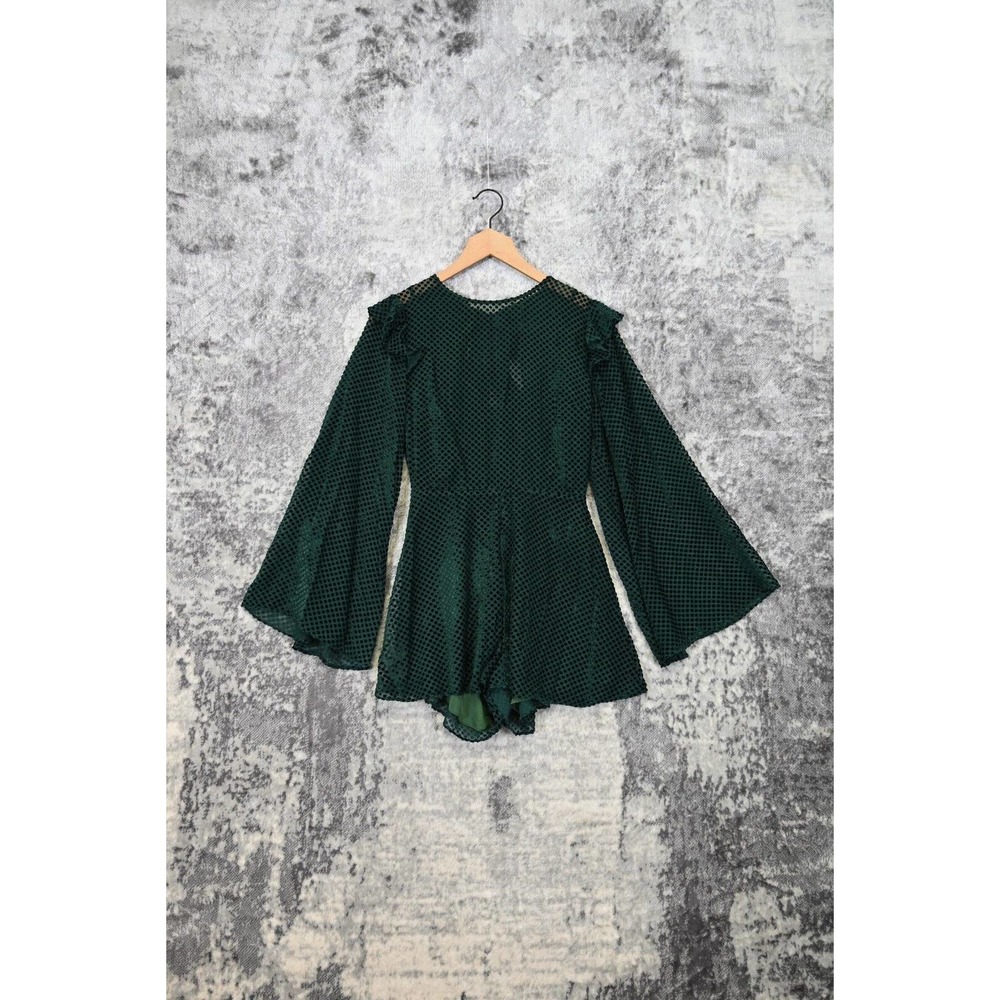 KEEPSAKE The Label Revolve Green Velvet Polka Dot Tie Open Back Romper S Small